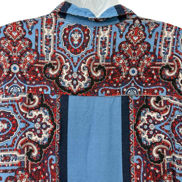 Farm Rio Blue Red White Paisley Collared Button Up Shirt Ruffle Mini Dress sz L - Picture 14 of 16